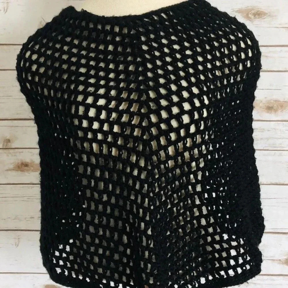 Women Crocheted Knit Pullover the Shoulder Wrap See Through Black Size XS
